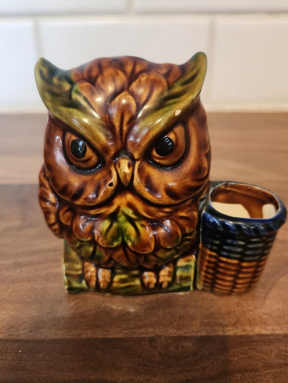Vintage Mid Century Brown Glazed Ceramic Owl Toothpick Holder 1960/70-Japan